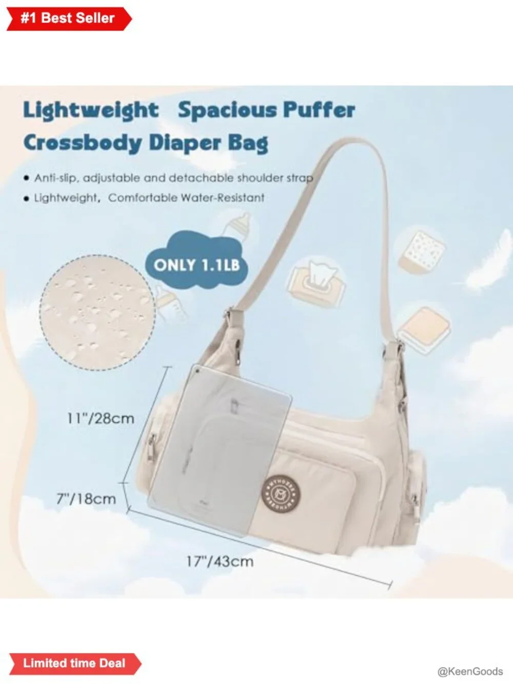 Puffer Diaper Bag Crossbody Nylon Lightweight Mom Bag Wipes Dispenser